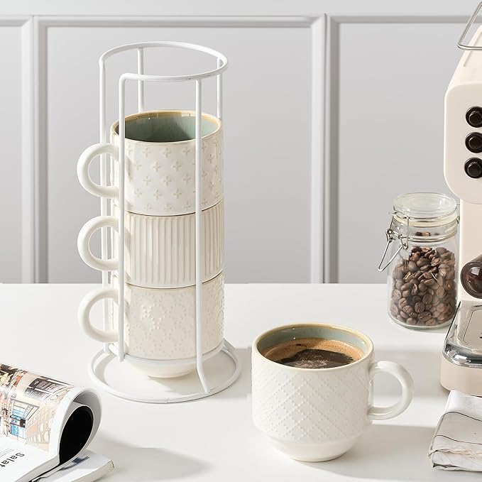 JIEMEI HOME Large Ceramic Coffee Mug Set of 4 with Stand, 15 Oz Stackable Different Embossment Ribbed Latte Cup Set for Cappuccino, Tea, Hot Cocoa, Drinks - Dishwasher & Microwave Safe, White & Green