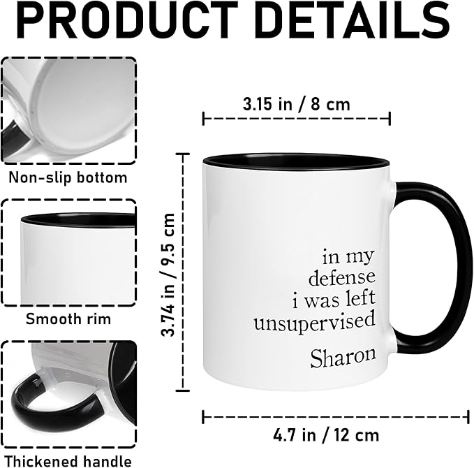 Personalized Funny Coffee Mug – Custom Name Cup with Hilarious Quote “In My Defense I Was Left Unsupervised” – Unique Gag Gift, White Elephant Christmas Cup