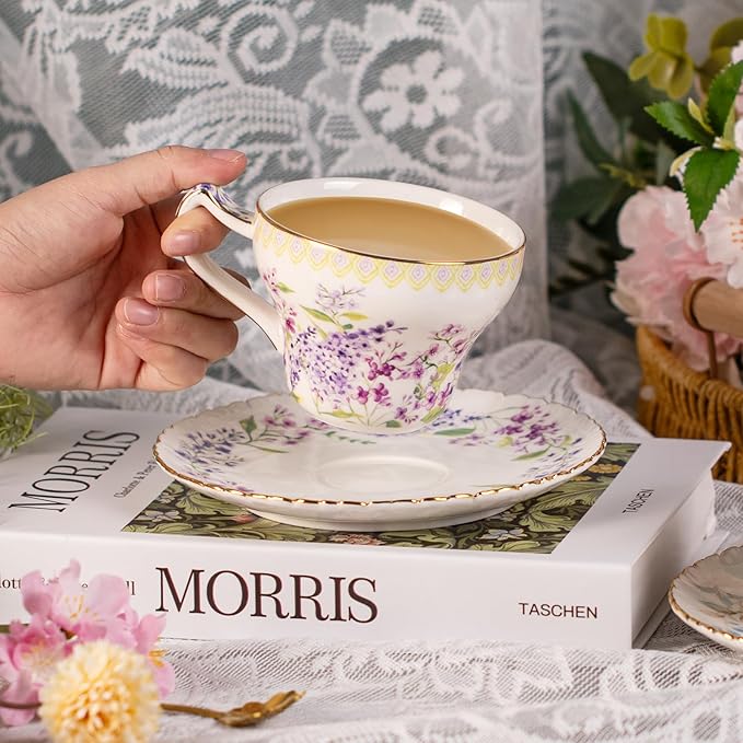 KAMMAK Tea Cups and Saucers Set of 2, Reinforced Porcelain Coffee Cups, 7.4-Ounce Stackable Espresso Mugs, Ceramic Demitasse for Coffee, Cappuccino, Latte, Americano, Tea, Lilac + Colorful