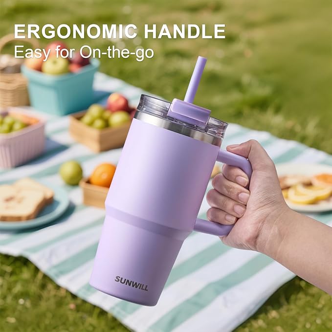 SUNWILL Travel Coffee Mug with Lid, 20 oz Tumbler with Handle and Straw Leak Proof, Stainless Steel Cup Insulated for Office & Gym, Cupholder Friendly, Powder Coated Orchid