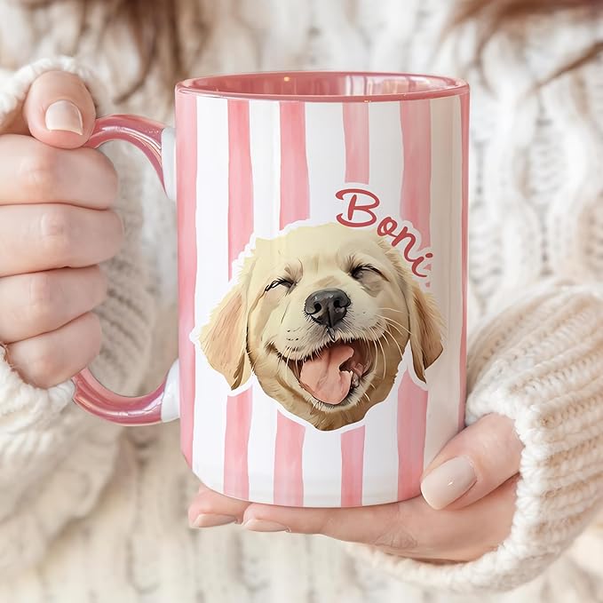 Personalized Dog Mug With Photo And Name Custom Dog Cat Coffee Mug Cute Striped Design Gift For Pet Lovers Women Men Pet Owners Mom Dad Personalized Coffee Cup For Daily Drinkware