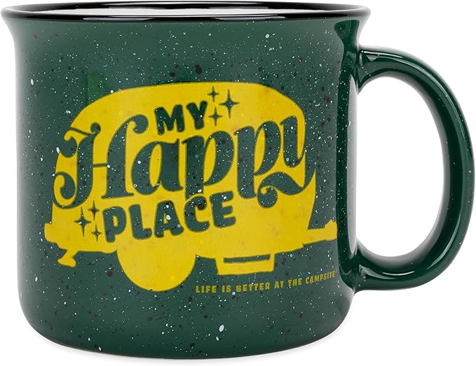 Camco Life is Better at The Campsite Ceramic Coffee Mug - Microwave and Dishwasher Safe - Features Green Background with Retro RV My Happy Place Design - Coffee Cup Holds 14oz. (53471)
