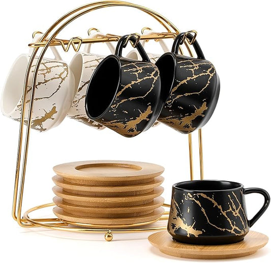LUKA Ceramic Espresso Cups with Saucers and Metal Stand, Small 4 oz Porcelain Demitasse Cups Set of 6, Cute Cappuccino Coffee Cups for Double Espresso, Tea, Marbling White & Black