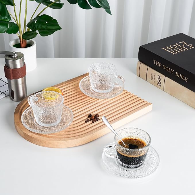 Glass Espresso Shot Cups with Saucers Set of 6, Clear Small Demitasse Cup with Stainless Steel Spoons, Dishwasher Safe Coffee Mugs for Tea Hot Chocolate Cappuccino, 5OZ/150ML, Raindrop