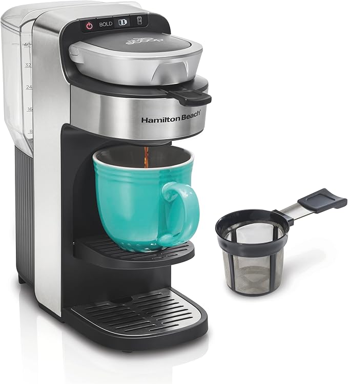 Hamilton Beach The Scoop Single Serve Coffee Maker & Fast Grounds Brewer for 8-14oz. Cups, Brews in Minutes, 40oz. Removable Reservoir, Stainless Steel (49987),Silver