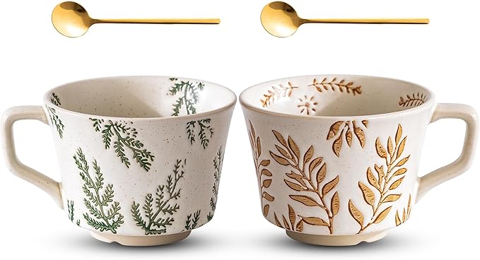 Mug Set of 2 Coffee Mugs Set 11 Ounce, Porcelain Cups for Latte, Hot Tea, Cappuccino, Cocoa, Soup, Dishwasher, Microwave Safe, Christmas Gift Set (Bean leaf & Vines)