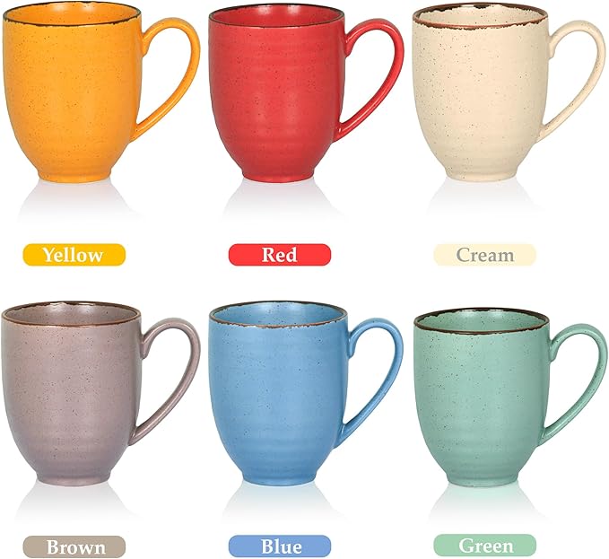 Coffee Mugs Set Of 6, 14 Oz Large Handle Heavy Duty Cups - Microwave Dishwasher Safe - Latte, Cappuccino, Tea, Cocoa, Mocha - Men, Women, Home Office Daily Use, Matt Assorted Colors