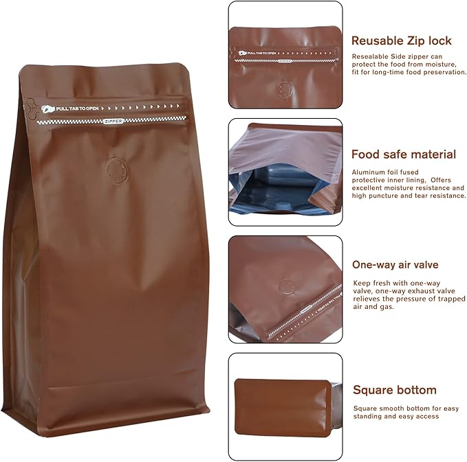 Coffee Bags with Valve(50pcs,16 oz) Brown High Barrier Aluminumed Foil Flat Bottom Standing Coffee Beans Storage Bags,Reusable Heat Sealable Side Zipper Pouches for Home or Store