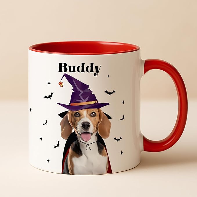 Personalized Halloween Dog Mug Custom Pet Photo Cup Halloween-Birthday-Christmas Gift For Dog Lovers From Pet Parents Add Name-Image Cute Witch Beagle Ceramic Coffee Mug