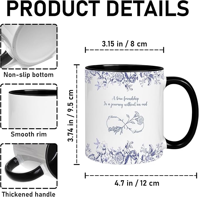 Personalized Best Friend Mug – Custom Name Floral Design, Birthday, Anniversary, Going Away Gifts for Best Friends, Chinoiserie Toile de Jouy Ceramic Mug