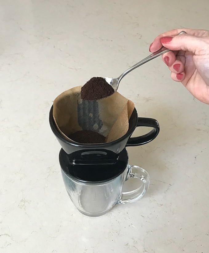 Simply Charmed Coffee Pour Over Single Cup Ceramic Brewer Coffee Maker with Melitta Filters (Black) 8-16 oz Depending on How Much Water/Grounds You Use