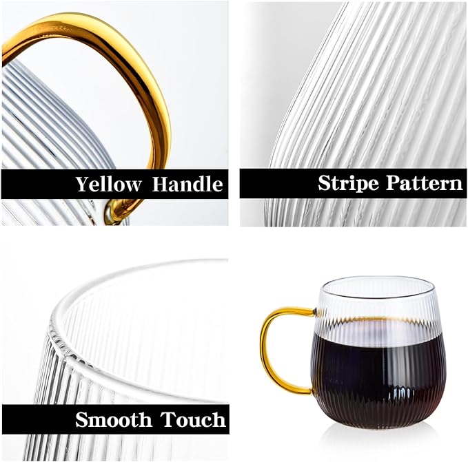 GLASKEY Borosilicate Glass Coffee Mugs Set of 2,12oz Glass Coffee Cups with Vertical Stripes Pattern,Clear Tea Cup for Tea,Coffee,Latte,Hot and Cold Beverage,Christmas Thanksgiving Gifts