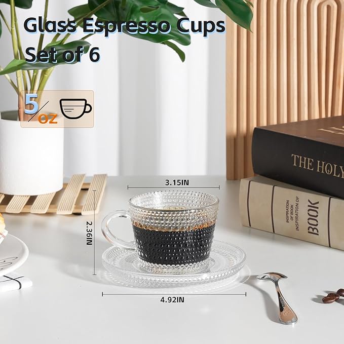 Glass Espresso Shot Cups with Saucers Set of 6, Clear Small Demitasse Cup with Stainless Steel Spoons, Dishwasher Safe Coffee Mugs for Tea Hot Chocolate Cappuccino, 5OZ/150ML, Raindrop