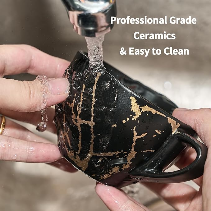 LUKA Ceramic Demitasse Espresso Cups Set with Saucers and Metal Stand, 8 oz Porcelain Stackable Cappuccino Cups Teacup For Tea, Espresso, Latte, Coffee, Cafe Mocha, Set of 4, Black