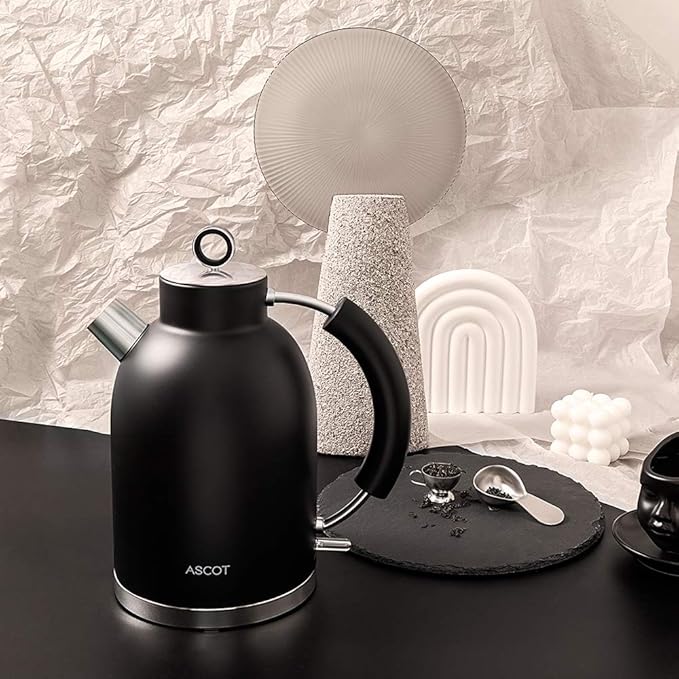 ASCOT Electric Kettle, Electric Tea Kettle Hot Water Kettle Stainless Steel Kettle 1.6L 1500W Retro Tea Heater & Boiling Water, Auto Shut-Off and Boil-Dry Protection (Black)