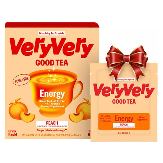 VeryVery Good Tea, Peach Energy With Green Tea Caffeine and L Theanine, Dissolving Crystals for Hot or Cold Drinks, Sugar Free Functional Powder Drink Mix, Vegan, Gluten Free, Non GMO, 10 Servings