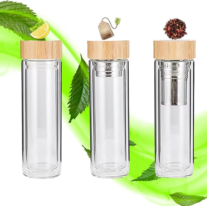 15oz Double Wall Glass Water Bottle with Bamboo Lid and Tea Infuser – Insulated, Leak-Proof, and Eco-Friendly Travel Tea Mug with Filter for Hot or Cold Beverages