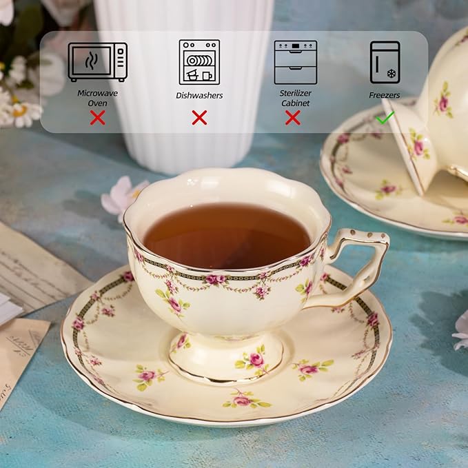 KAMMAK Tea Cups and Saucers Set of 2, Porcelain, 7.8-Ounce | Stackable Espresso Mugs | Imperial Court Collection | Ceramic Demitasse | For Coffee, Latte, Americano, Tea