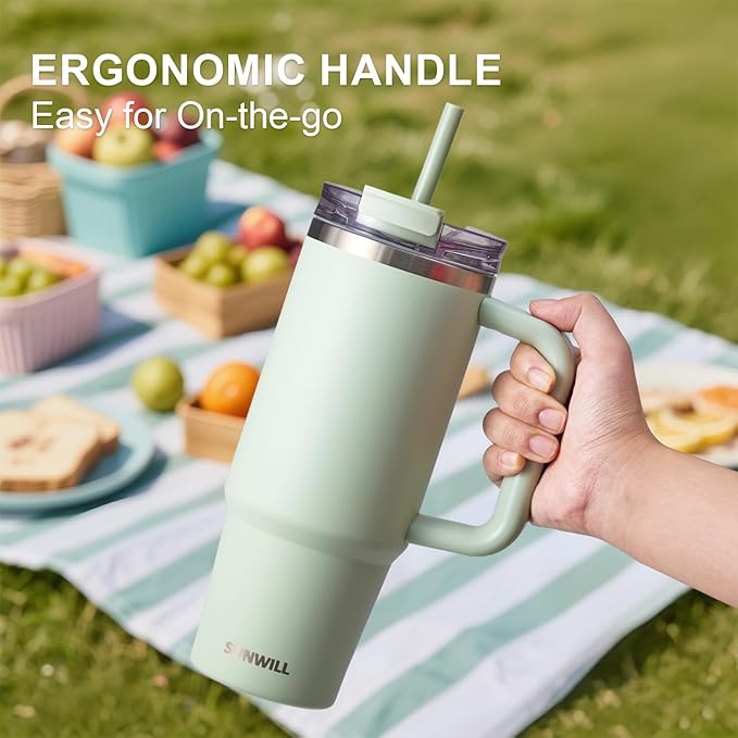SUNWILL Coffee Tumbler with Handle, 30 oz Travel Mug with Lid and Straw Insulated, Stainless Steel Cup Leak Proof for Travel & Outdoor, Cupholder Friendly, Powder Coated Matcha Cream