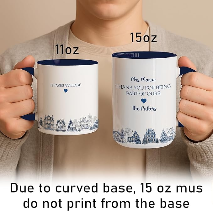 Personalized Toile De Jouy It Takes a Village Thank You Mug – Custom Name Ceramic Coffee Cup – Unique Appreciation Gift for Teacher, Nanny, Babysitter, Coach, Mentor, or Friend