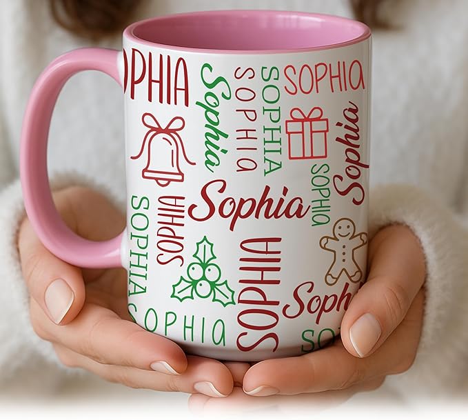Personalized Funny Christmas Hot Cocoa Mug – Custom Holiday Coffee Cup with Festive Name Pattern – Santa Gift, Unique White Elephant Exchange Present, Gag Gift Ceramic Mug