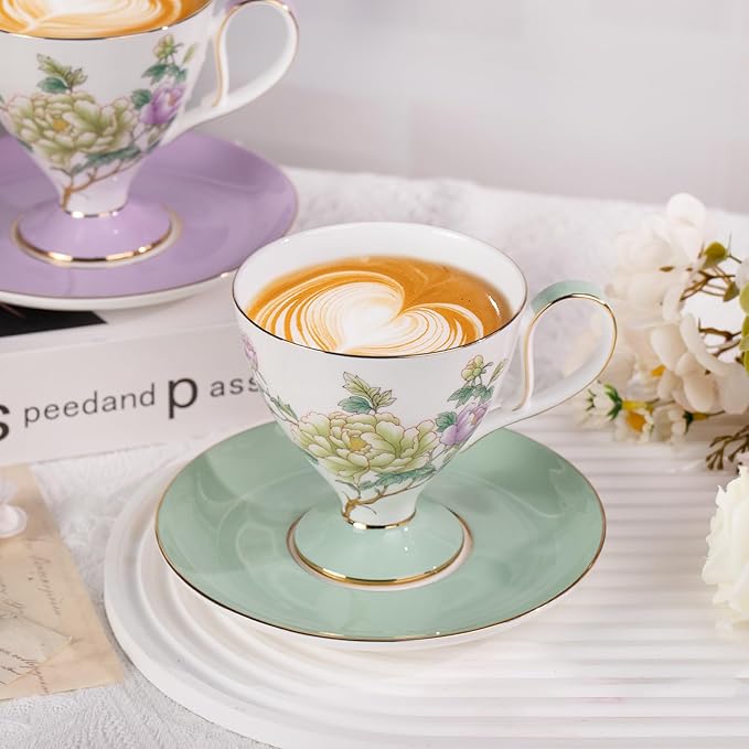 KAMMAK Ceramic Coffee Cups Saucers Set of 2, Porcelain Espresso Cups with Saucers, 8.12 oz Handcrafted Elegant Bone China Tea Cups, Purple Purple & Mint Green Flower Teacup for Party, Office, Gift