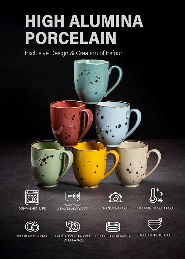 Coffee Mugs Set Of 6, 14 Oz Large Handle Heavy Duty Cups - Microwave Dishwasher Safe - Latte, Cappuccino, Tea, Cocoa, Mocha - Men, Women, Home Office Daily Use, Vivid Assorted Colors