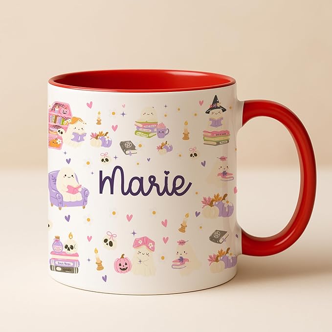 Halloween Book Lover Coffee Mug – Cute Ghost Cup with Name – Fall Coffee Mug for Women, Christmas Birthday Present, or Unique Bookish Gift for Readers – Personalized Reading Lover Cup