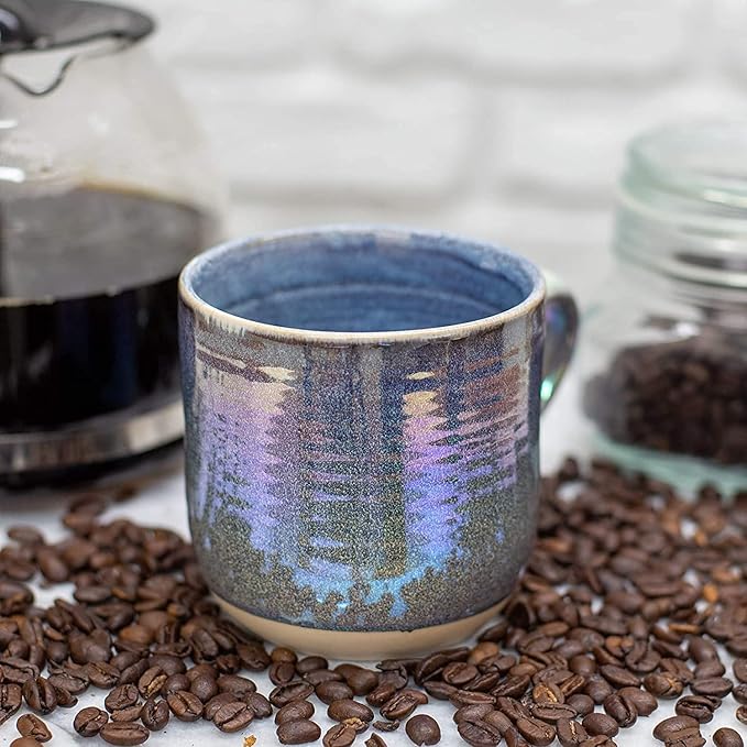 Elanze Designs Glossy Reactive Glaze Large 17 Fluid Ounce Everyday Kitchen Food Grade Ceramic Stoneware Coffee Mug Cup with Comfort Curved Handles, Set of 4, Purple Rainbow