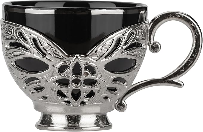 Alisveristime Turkish Coffee Set for Two, 2 Black Gilded Porcelain Cups with Zamac Holders and Saucers, Metal Tray, Lale Motif Zamac Coffee Pot (Black Gilded) (Silver)