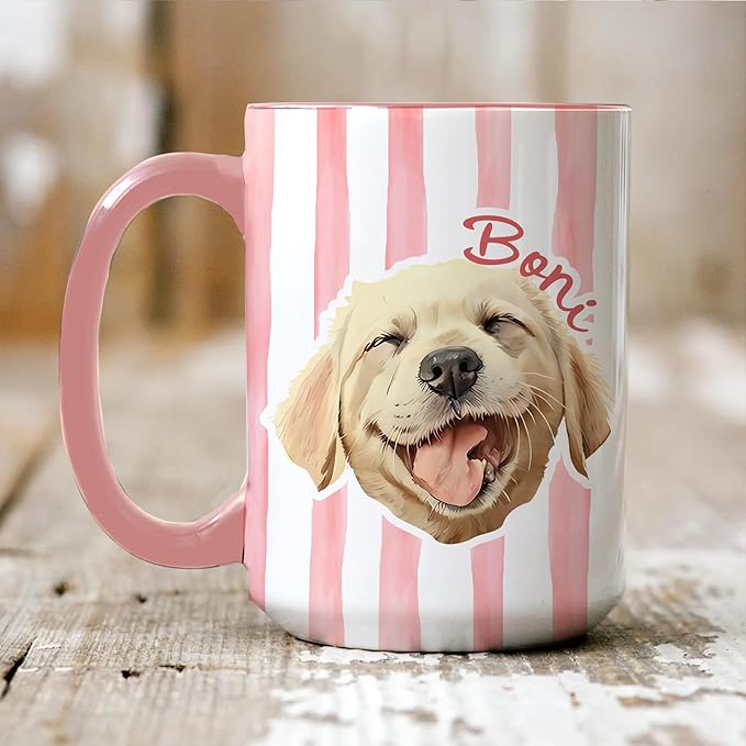 Personalized Dog Mug With Photo And Name Custom Dog Cat Coffee Mug Cute Striped Design Gift For Pet Lovers Women Men Pet Owners Mom Dad Personalized Coffee Cup For Daily Drinkware