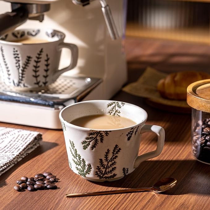 Mug Set of 2 Coffee Mugs Set 11 Ounce, Porcelain Cups for Latte, Hot Tea, Cappuccino, Cocoa, Soup, Dishwasher, Microwave Safe, Christmas Gift Set (Bean leaf & Vines)