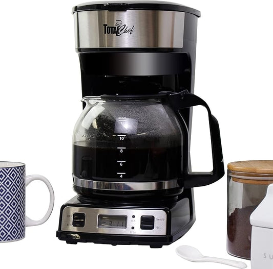 Total Chef Drip Coffee Maker - 12-Cup Programmable Coffee Machine With Glass Pot, Pause and Pour, Auto Shut-Off, Large Water Reservoir, Reusable Filter, Dishwasher Safe Carafe, Percoladora de Café