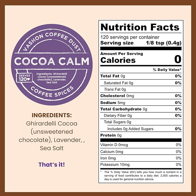 Coffee Dust Flavoring Powder Cocoa Calm (120 Servings) – Coffee Dusting Flavor Variety Pack, All Natural Syrup Alternative, Adds Aroma, Taste & Wellness to Drinks & Tea