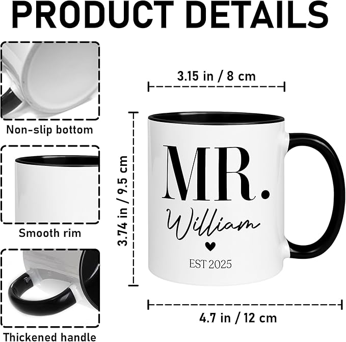 Personalized Mr and Mrs Coffee Mug Set – Custom Name & Established Year Design – Wedding Gift for Couple, Engagement Celebration, Anniversary Keepsake, Valentine’s Day Coffee Cups