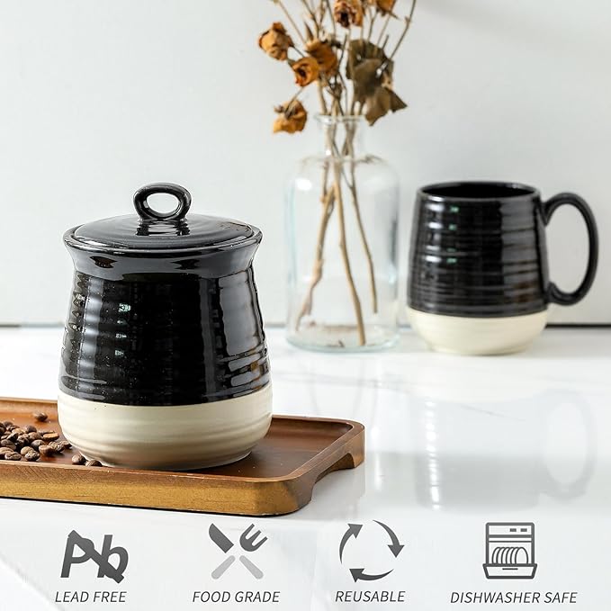 Ceramic Food Storage Jar,Coffee Canister for Countertop with Lids Airtight,Large Flour,Spices,Beans,Rice and Candies Containers for Kitchen and Home,Farmhouse Kitchen Decor,35 OZ Black