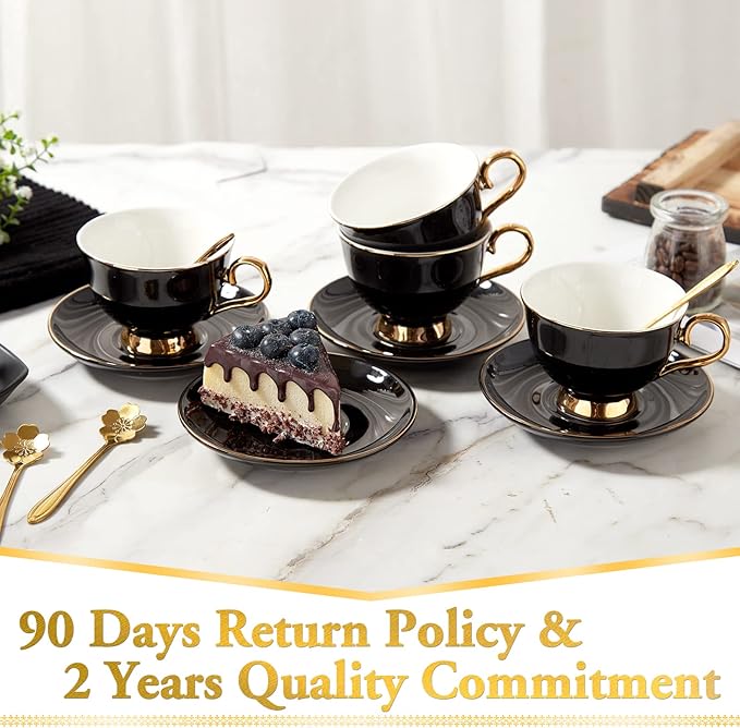 DUJUST Tea Cups and Saucers Set of 4 (7.4oz), Luxury Tea Cup Set with Golden Trim, Black Coffee Cups with Metal Stand, British Porcelain Tea Party Set - Black