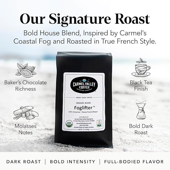 Carmel Valley Coffee Roasting - Whole Bean Coffee Foglifter - Certified Organic French Dark Roast, Premium Coffee - 12 Oz Bag, 1 Pack