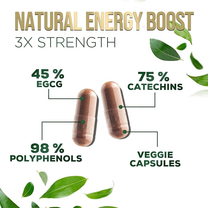 Green Tea Extract Capsules 1000 mg - Standardized 45% EGCG & 98% Polyphenols - 3X Strength Green Tea Pills for Natural Energy - Supports Heart Health, Herbal Supplement, Vegan, Non-GMO - 60 Capsules