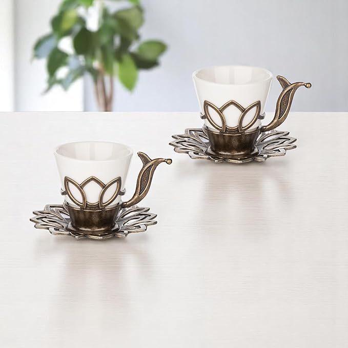 Alisveristime (Set of 6 Turkish Coffee Set with Porcelain Cups, Zamac Holders & Saucers – 80ml Capacity, Ottoman Motif, 4 Color Options (Antique Green)