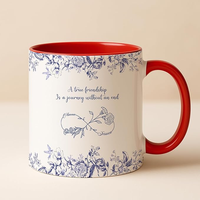 Personalized Best Friend Mug – Custom Name Floral Design, Birthday, Anniversary, Going Away Gifts for Best Friends, Chinoiserie Toile de Jouy Ceramic Mug