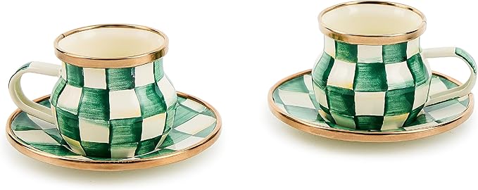 MACKENZIE-CHILDS Espresso Cup and Saucer Set, Cute Small Coffee Cups and Saucers, Set of 2, Green-and-White Emerald Check