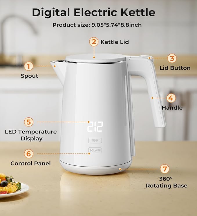 Electric Kettle, 1.0L 1200W Fast Heat with Auto Shut-Off, Boil-Dry Proof, 7 Temperature Control Teapot, Double Wall Stainless Steel Water Boiler Heater, 4H Keep Warm, Cool Touch Tea Pot, White