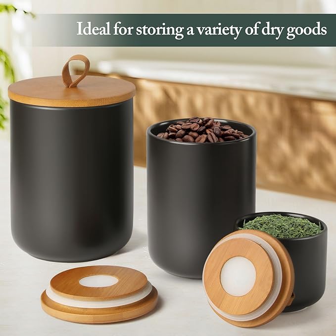 Black Canisters Sets for The Kitchen, Airtight Kitchen Canisters for Countertop, Kitchen Canisters Set of 3 with Top Handle, Modern Ceramic Jar with Wooden Lid for Coffee Flour Cookie Nuts