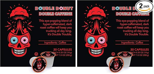 Double Donut Coffee High Caffeine Coffee Pods, Extra Strong Double Caffeine Dark Roast Coffee,Compatible with Keurig K Cups Brewers, 20 Count (Pack of 2)