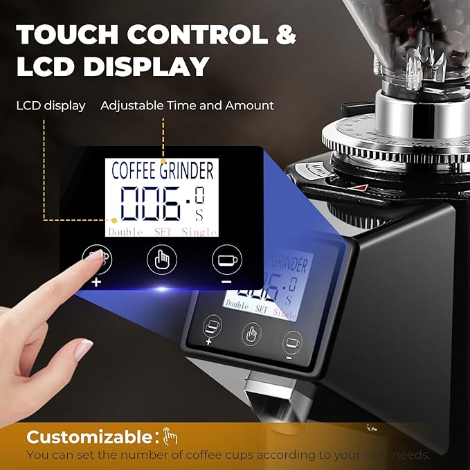 Commercial Coffee Grinder Electric - 64mm SS Flat Burr, Digital Touch Screen, 19 Adjustable Settings, 35oz Large Hopper, Black