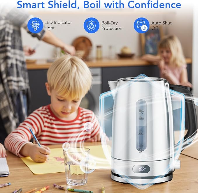 COWSAR Electric Kettle with Precise Temp Control - Hot Water Kettle 1.7L, 304 SS, Hidden Heater, Temp Display, One-Key Lid, Auto Off, Safety Guards, 360° Cordless Base