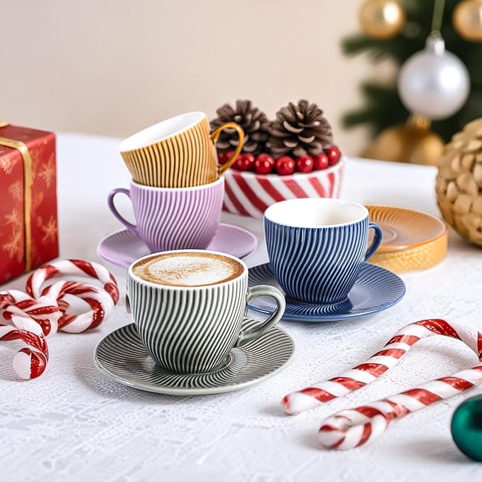 Yundu 8 oz Ceramics Cup & Saucer Sets of 4, Cappuccino Cup, Espresso Cups, Tea Cups and Saucers, Perfect for Coffee or Matcha and Latte (Set of 4 colors)