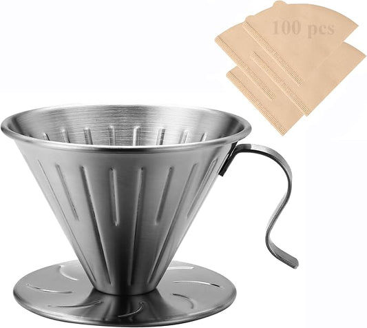 Pour Over Coffee Dripper, 304 Stainless Steel wIth 100 pcs V60 Paper Filters (Coffee Dripper)