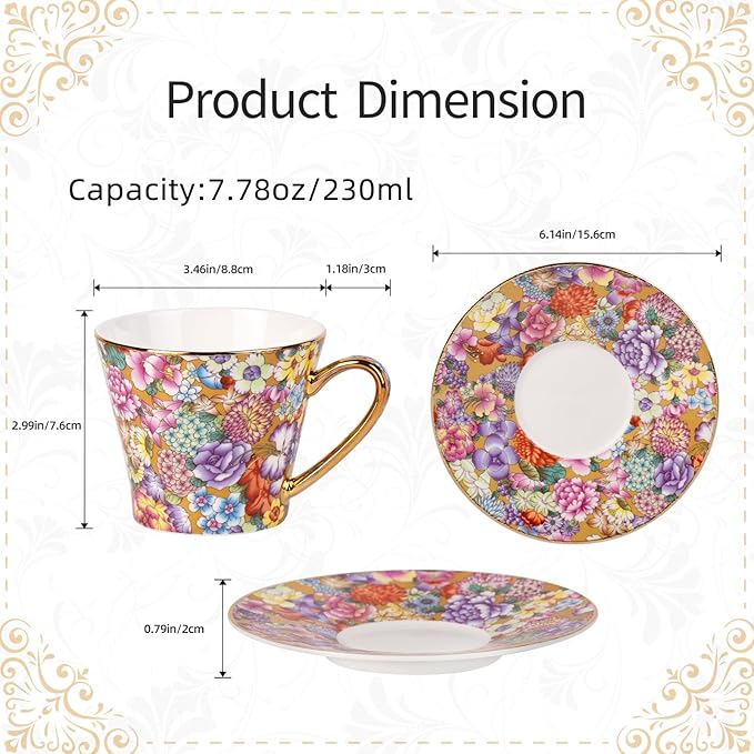 KAMMAK Tea Cups and Saucers Set of 2, Porcelain Coffee Cup with Saucer for Espresso, Cappuccino, 7.5oz Vintage Yellow Floral Ceramic Demitasse Mug for Home, Tea Party, Office